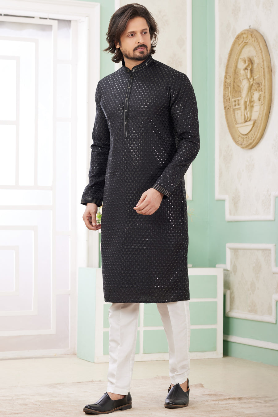 Black Art Silk Father Son Matching Combo Indo Western Traditional Sherwani Long Kurta & Pajama Suit for Wedding - Embroidery Work