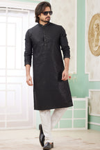 Black Art Silk Indo Western Traditional Sherwani Long Kurta & Pant Suit for Men for Wedding - Embrodery Work