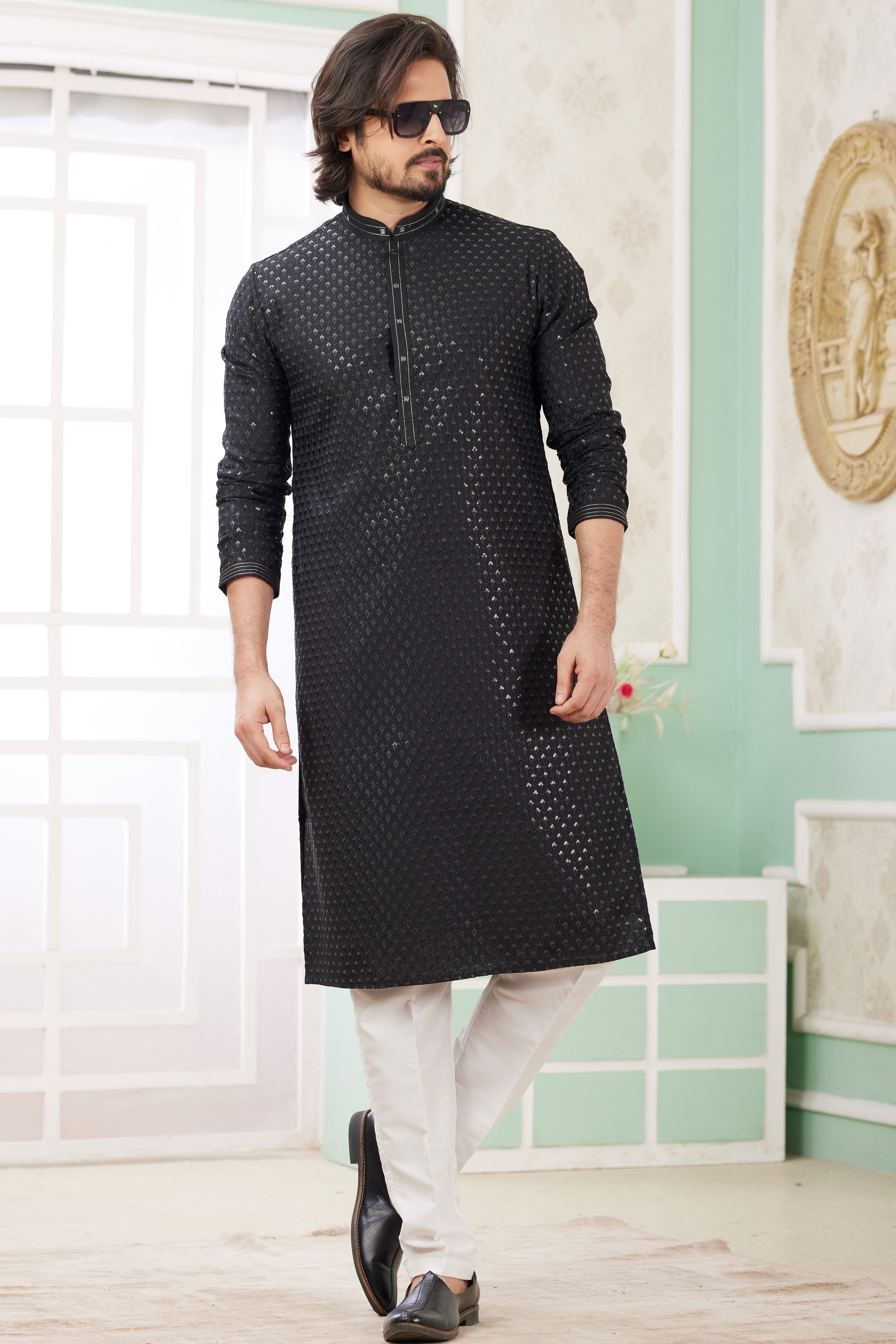 Black Art Silk Indo Western Traditional Sherwani Long Kurta & Pant Suit for Men for Wedding - Embrodery Work