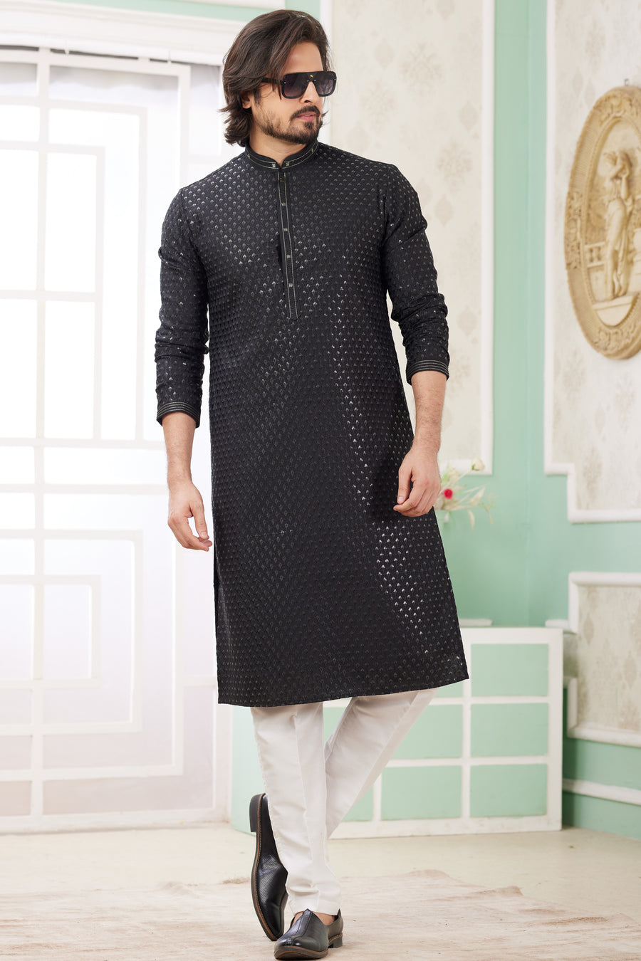 Black Art Silk Indo Western Traditional Sherwani Long Kurta & Pant Suit for Men for Wedding - Embrodery Work