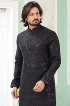 Black Art Silk Indo Western Traditional Sherwani Long Kurta & Pant Suit for Men for Wedding - Embrodery Work