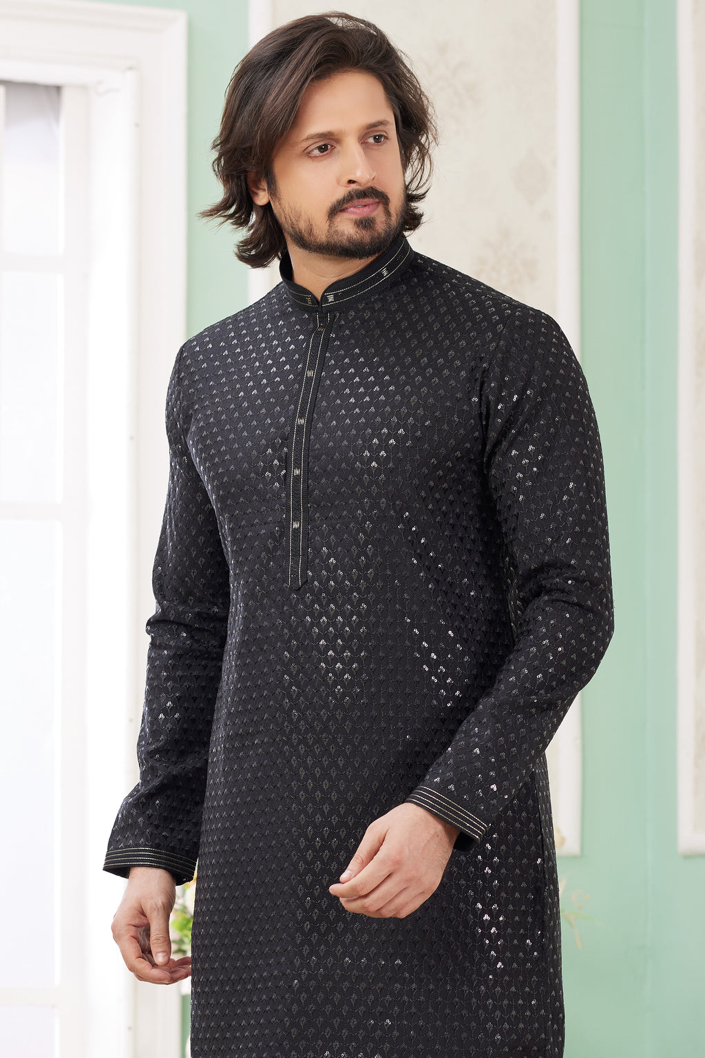 Black Art Silk Father Son Matching Combo Indo Western Traditional Sherwani Long Kurta & Pajama Suit for Wedding - Embroidery Work
