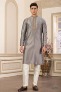 Brownish Grey Art Silk Plain Kurta Pajama for Men with Handwork