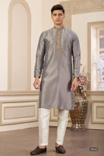 Brownish Grey Art Silk Plain Kurta Pajama for Men with Handwork