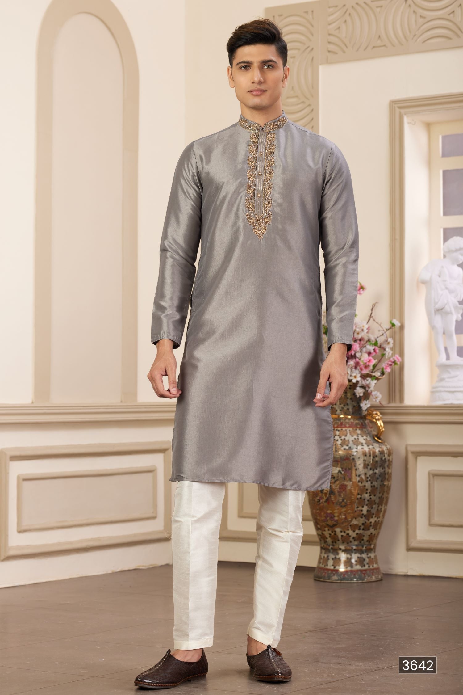 Brownish Grey Art Silk Plain Kurta Pajama for Men with Handwork