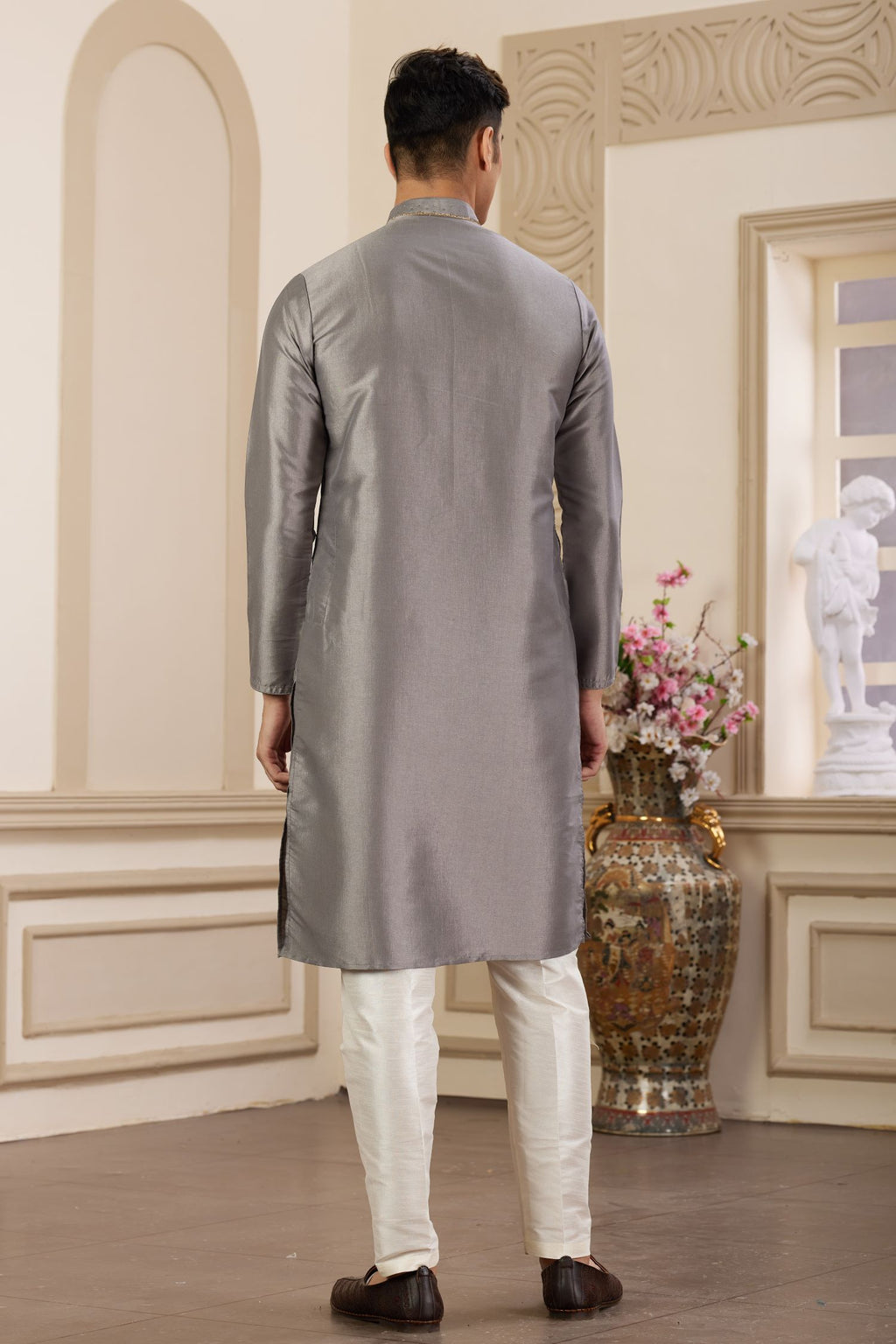 Brownish Grey Art Silk Plain Kurta Pajama for Men with Handwork