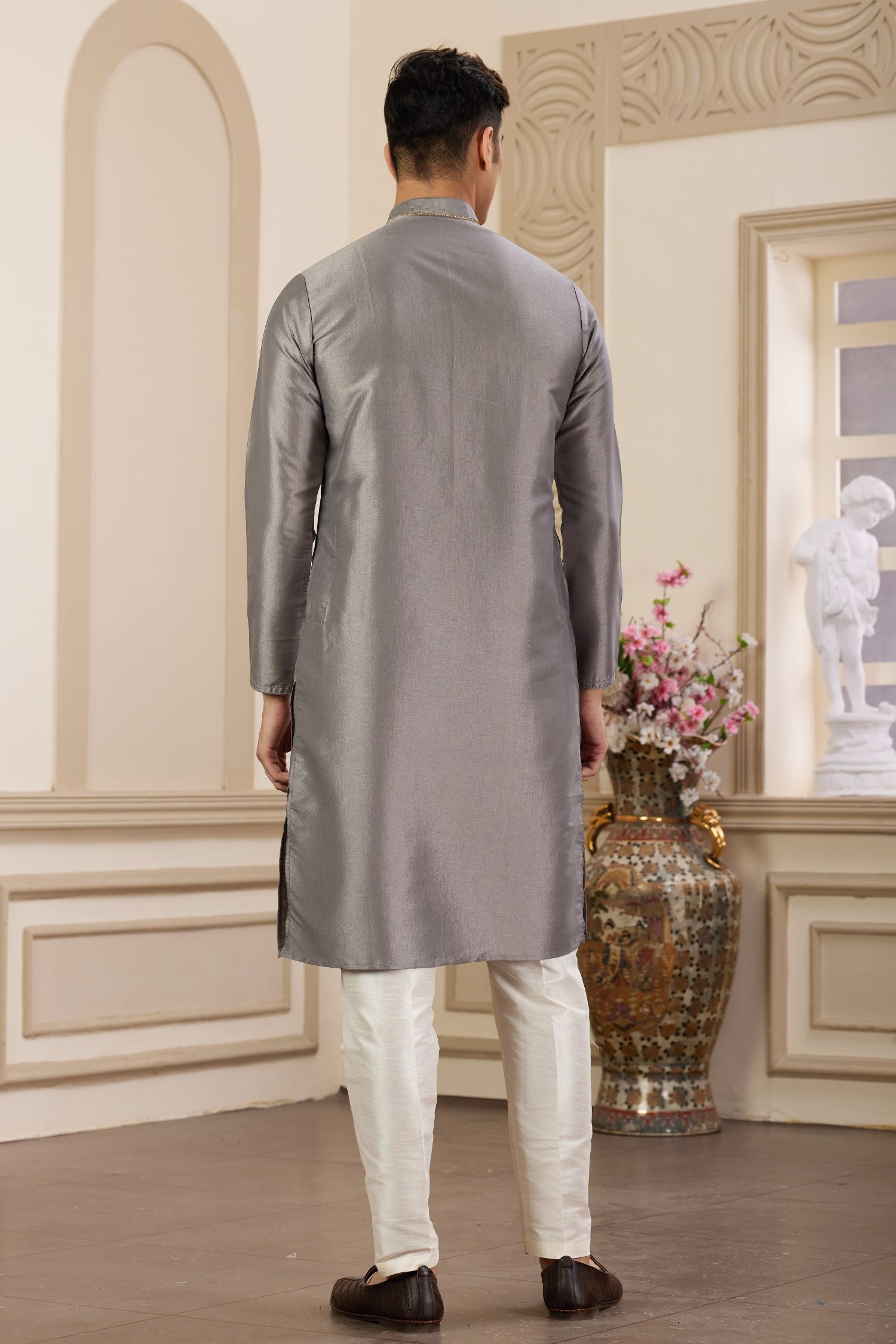 Brownish Grey Art Silk Plain Kurta Pajama for Men with Handwork