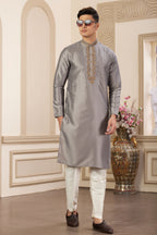 Brownish Grey Art Silk Plain Kurta Pajama for Men with Handwork