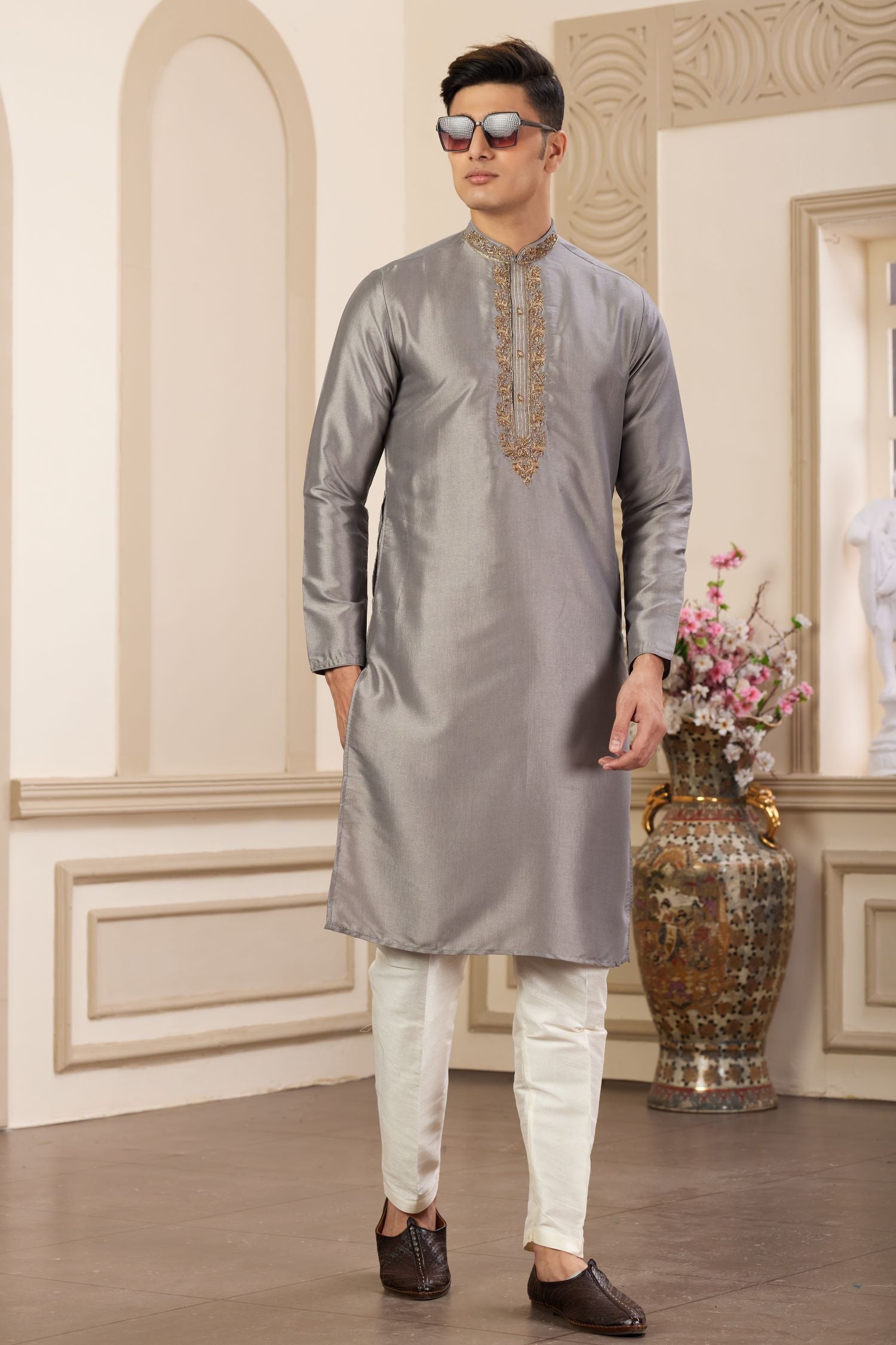 Brownish Grey Art Silk Plain Kurta Pajama for Men with Handwork