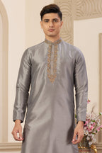 Brownish Grey Art Silk Plain Kurta Pajama for Men with Handwork