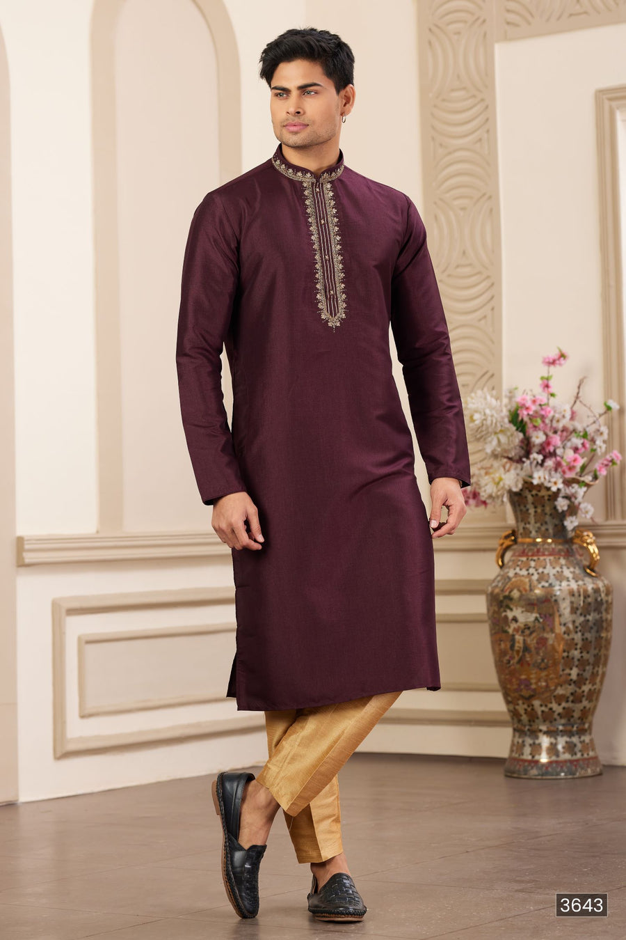 Burgundy Art Silk Handwork Kurta and Pajama for Men