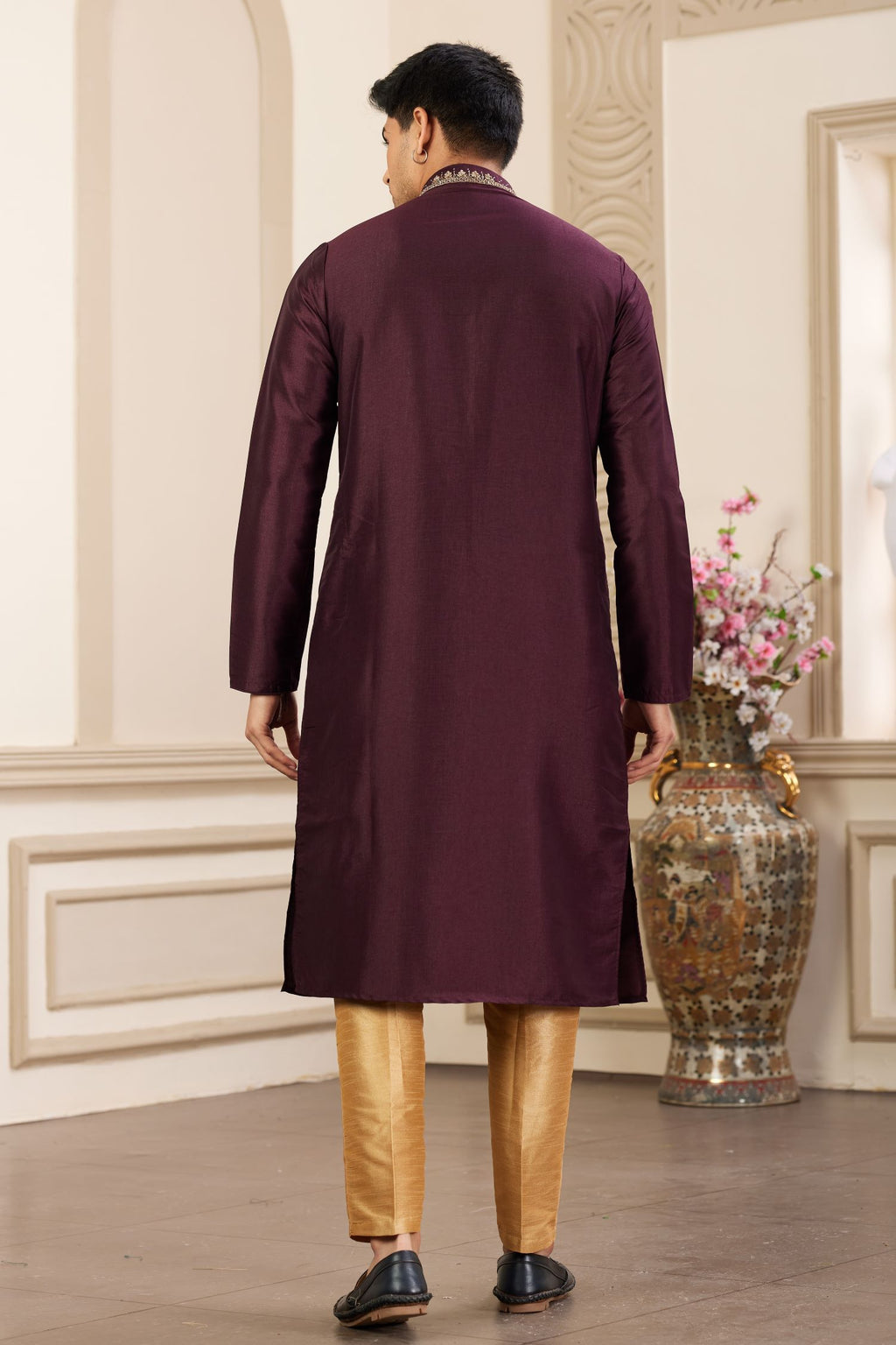 Burgundy Art Silk Handwork Kurta and Pajama for Men