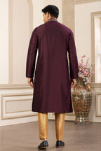 Burgundy Art Silk Handwork Kurta and Pajama for Men