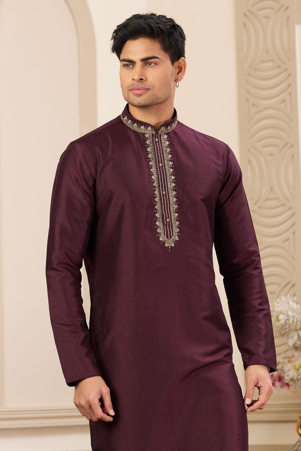 Burgundy Art Silk Handwork Kurta and Pajama for Men