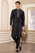 Black Art Silk Plain Kurta Pajama for Male with Handwork