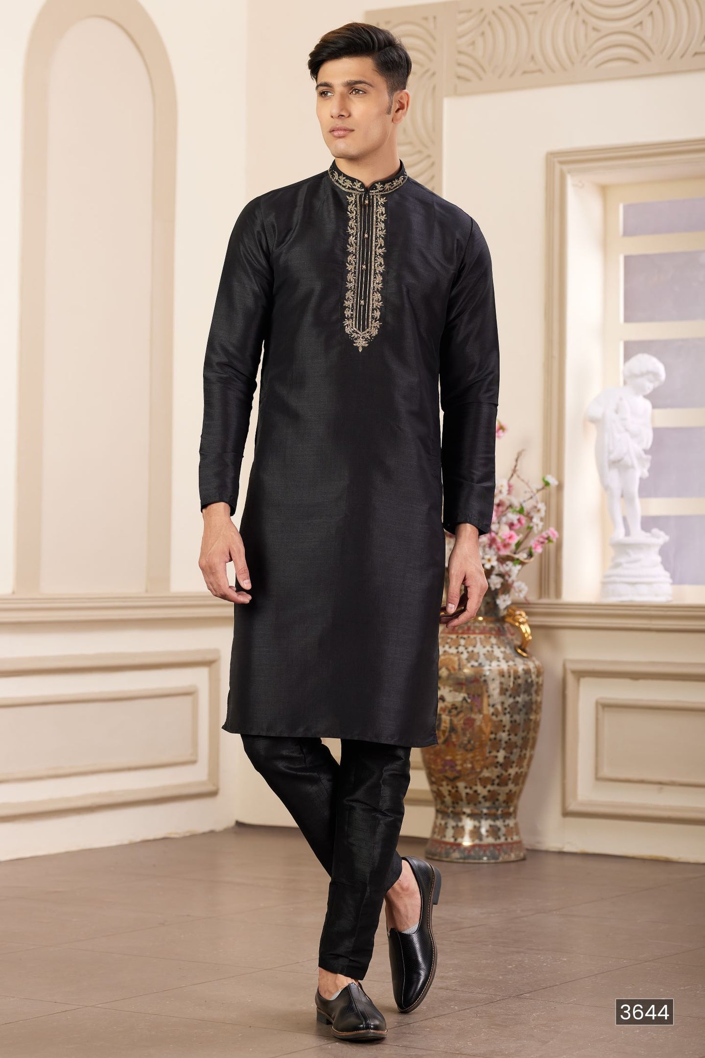 Black Art Silk Plain Kurta Pajama for Male with Handwork