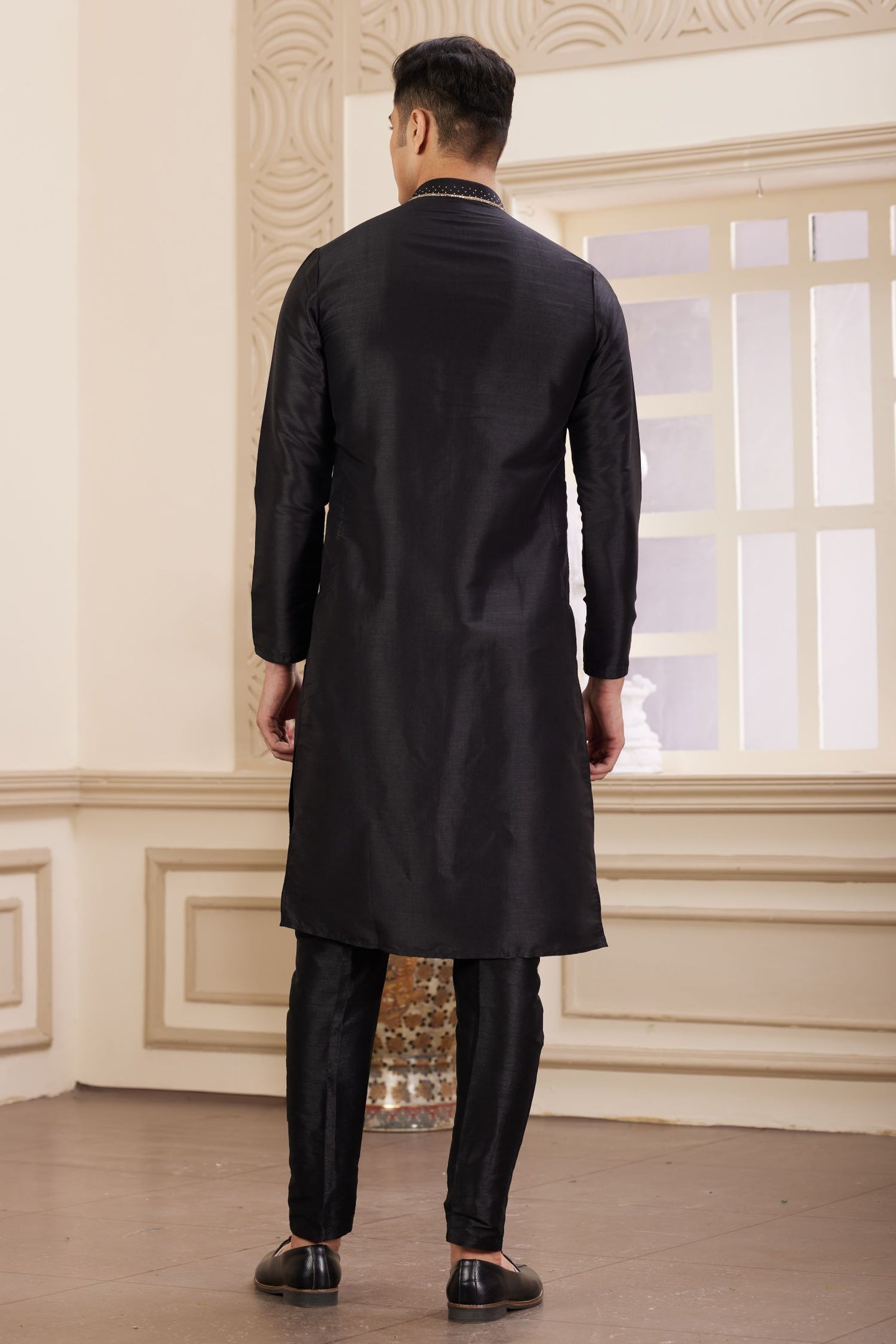 Black Art Silk Plain Kurta Pajama for Male with Handwork