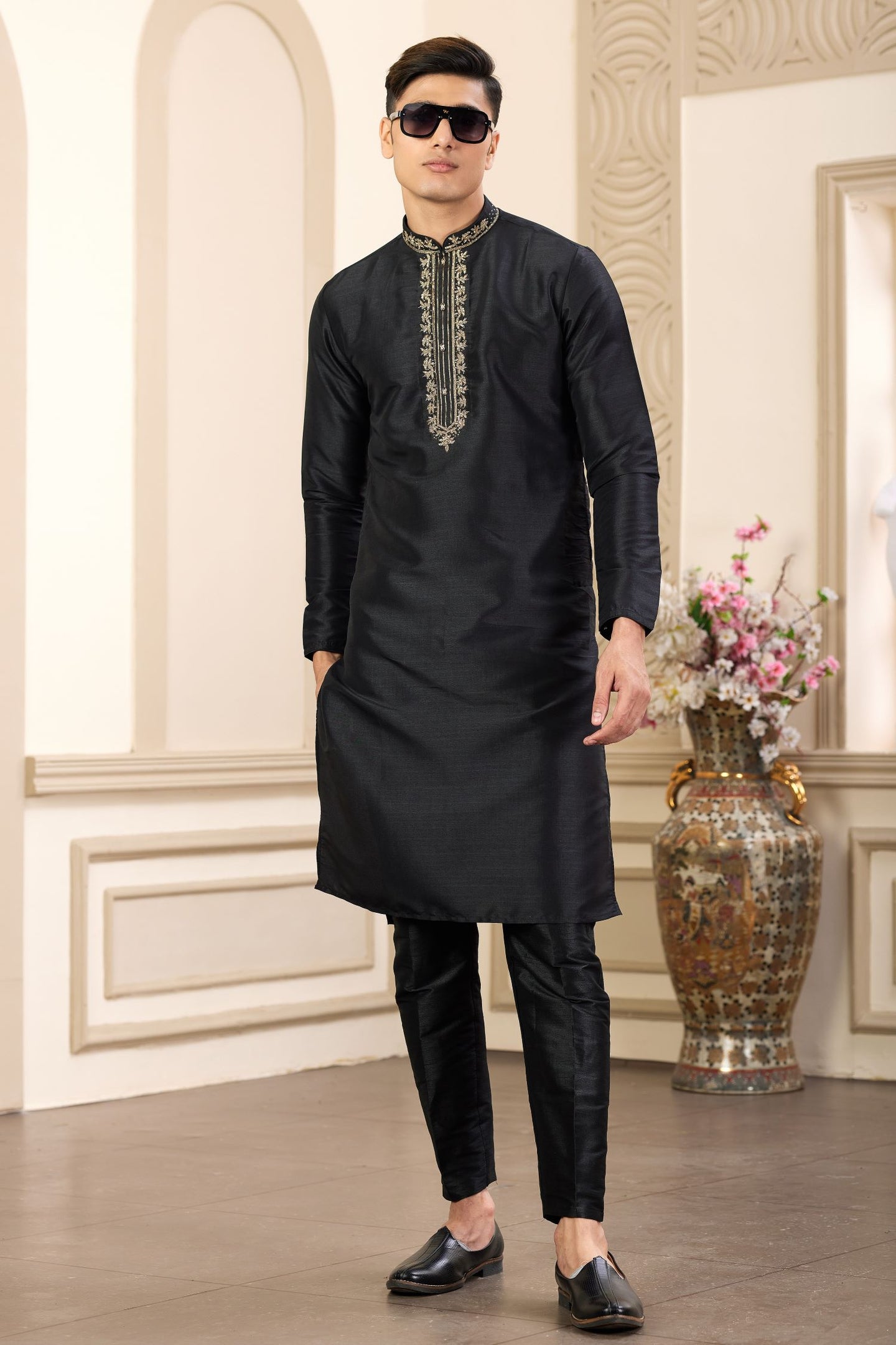 Black Art Silk Plain Kurta Pajama for Male with Handwork
