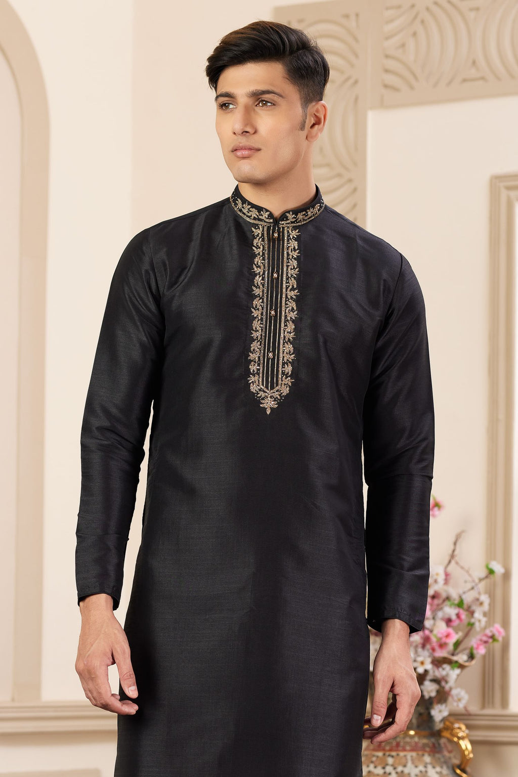 Black Art Silk Plain Kurta Pajama for Male with Handwork
