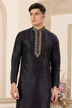 Black Art Silk Plain Kurta Pajama for Male with Handwork