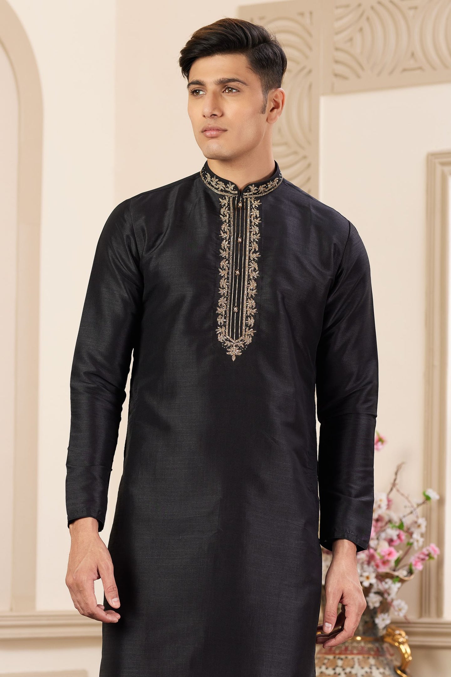 Black Art Silk Plain Kurta Pajama for Male with Handwork