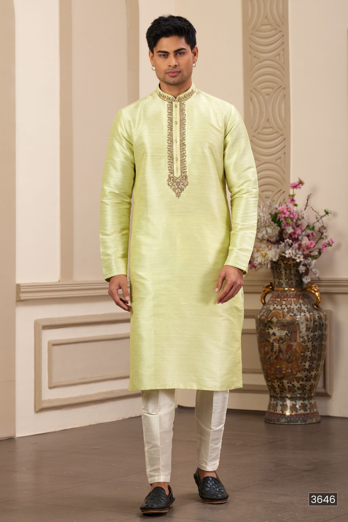 Light Yellow Art Silk Plain Men's Kurta Pajama Set with Handwork