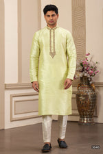 Light Yellow Plain Men's Kurta Pajama Set for Haldi with Handwork