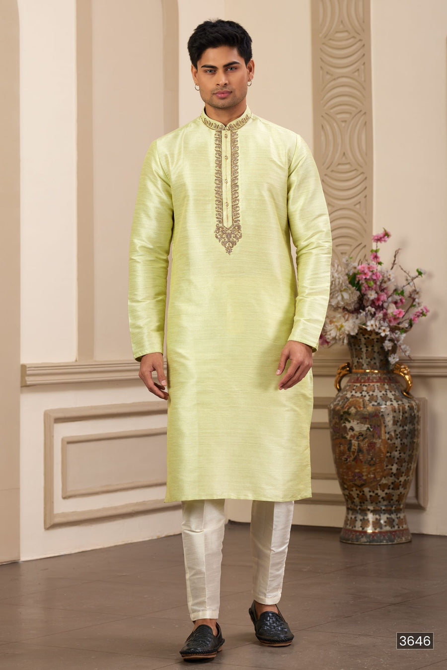 Light Yellow Art Silk Plain Men's Kurta Pajama Set with Handwork