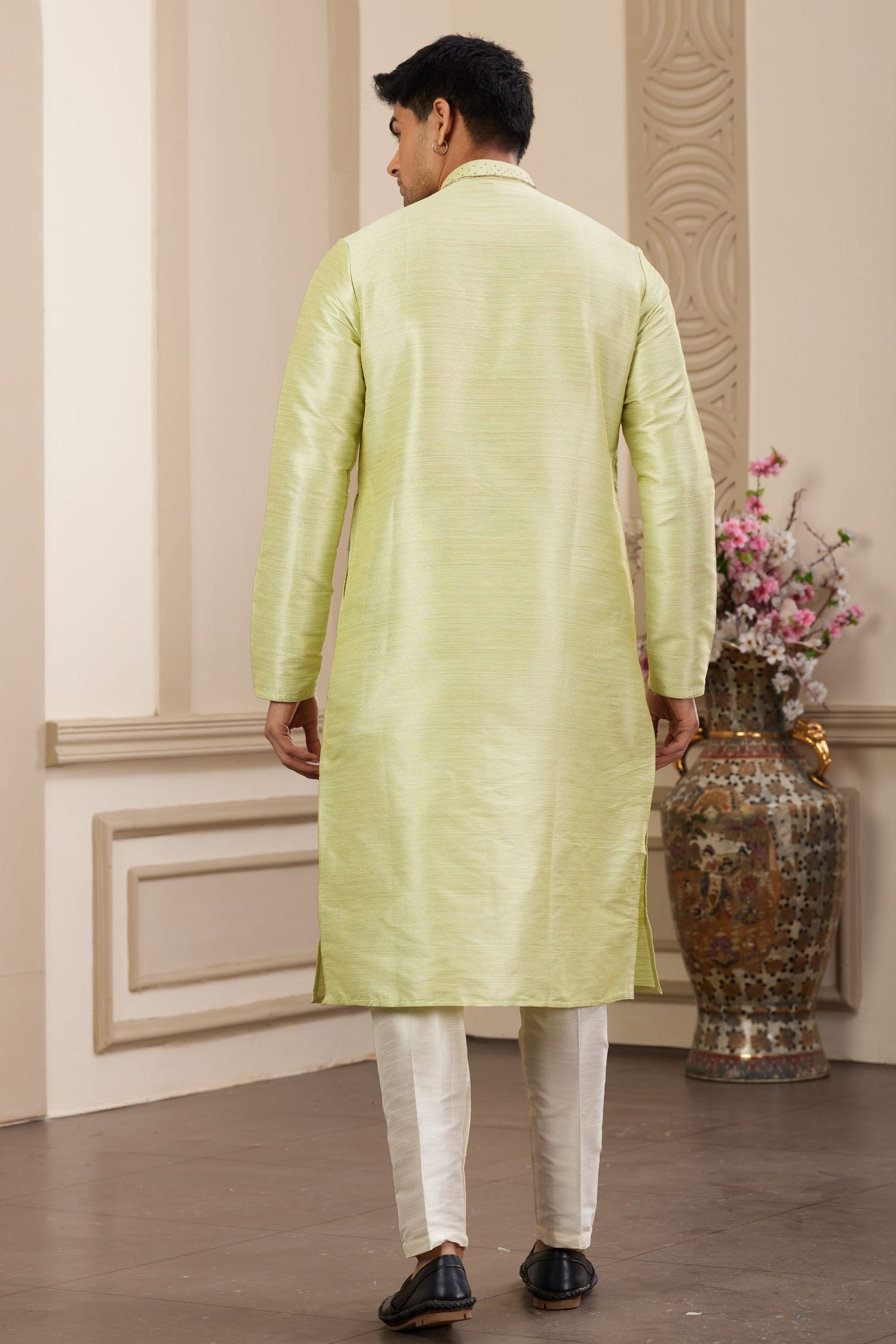 Light Yellow Art Silk Plain Men's Kurta Pajama Set with Handwork