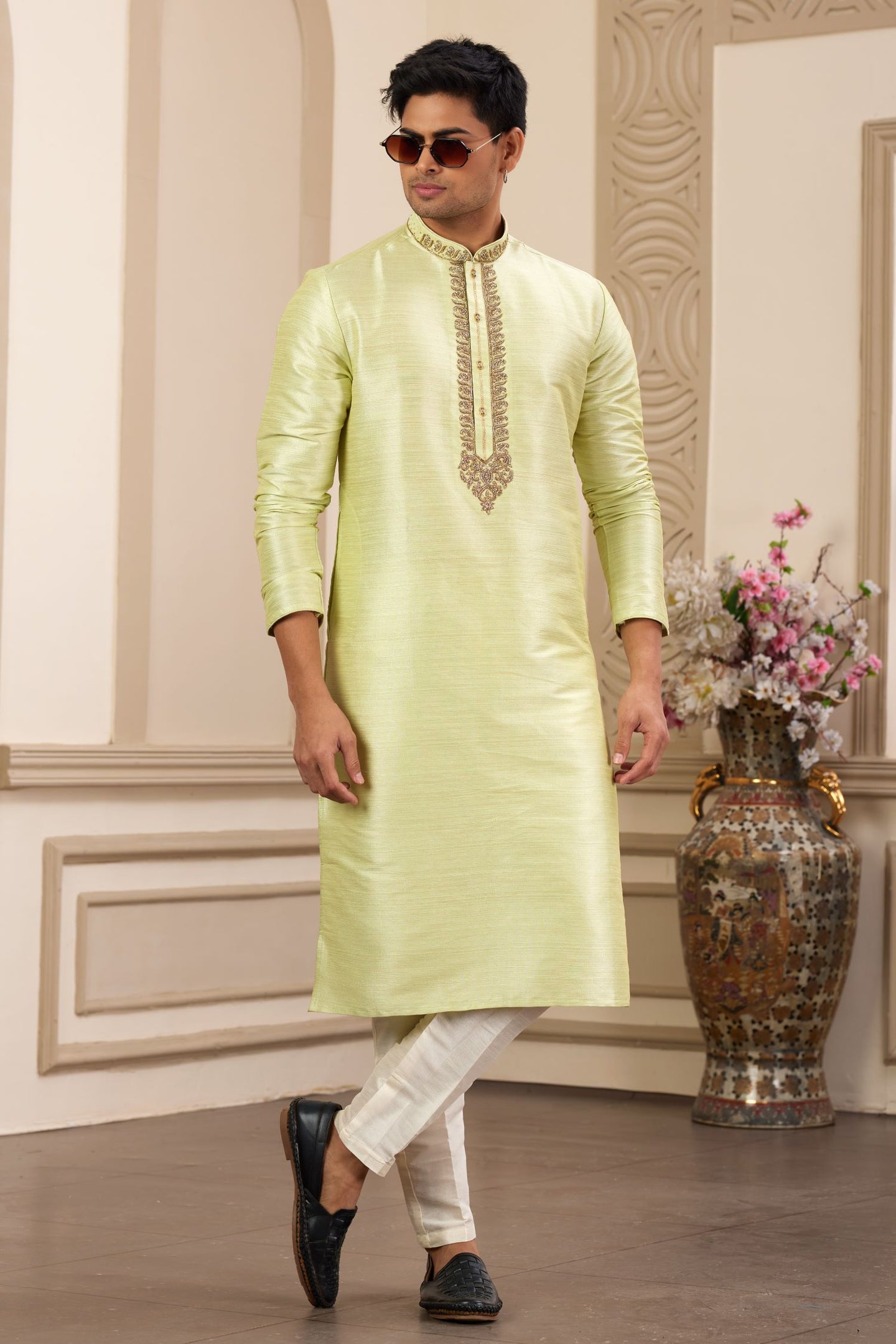 Light Yellow Art Silk Plain Men's Kurta Pajama Set with Handwork