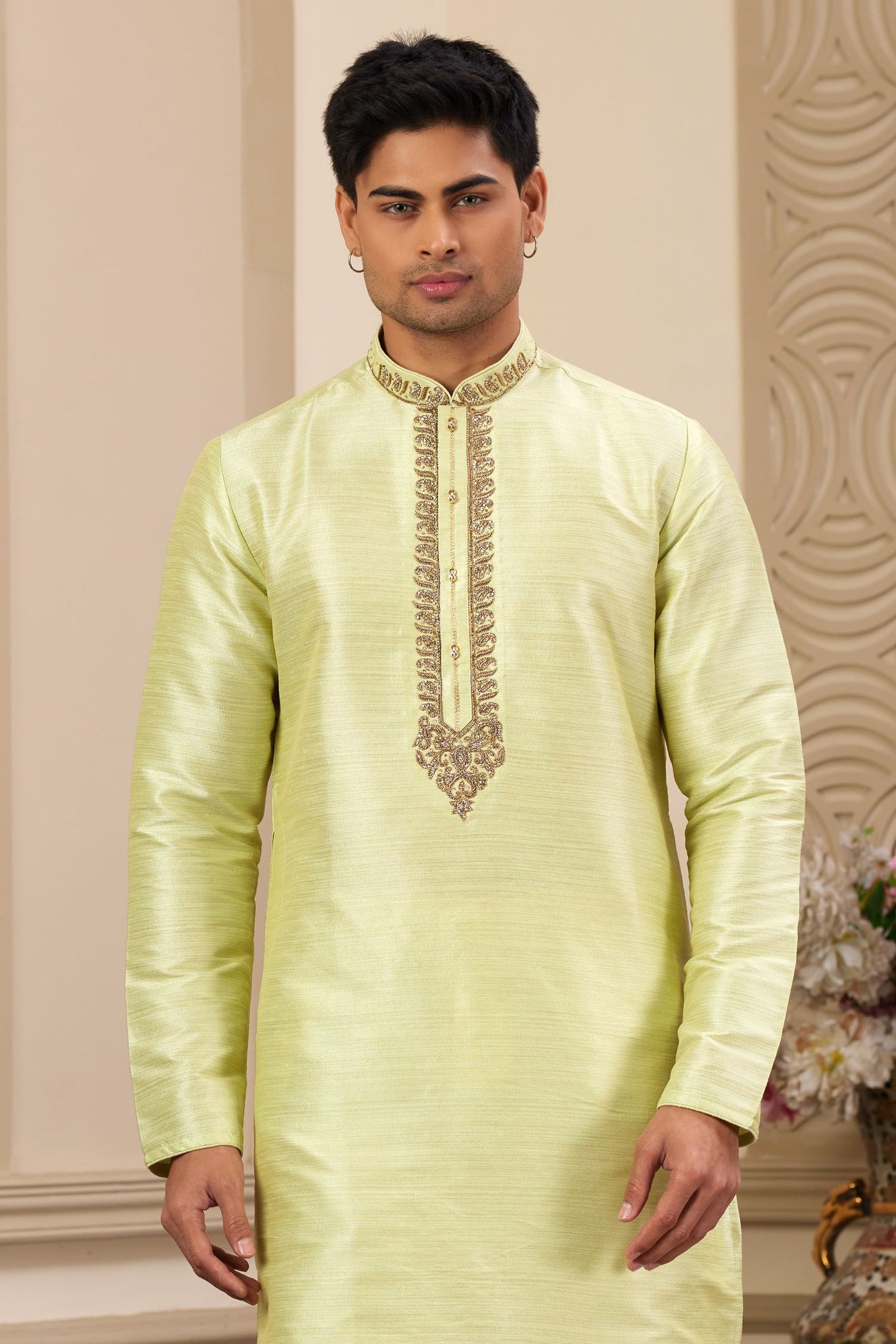 Light Yellow Art Silk Plain Men's Kurta Pajama Set with Handwork