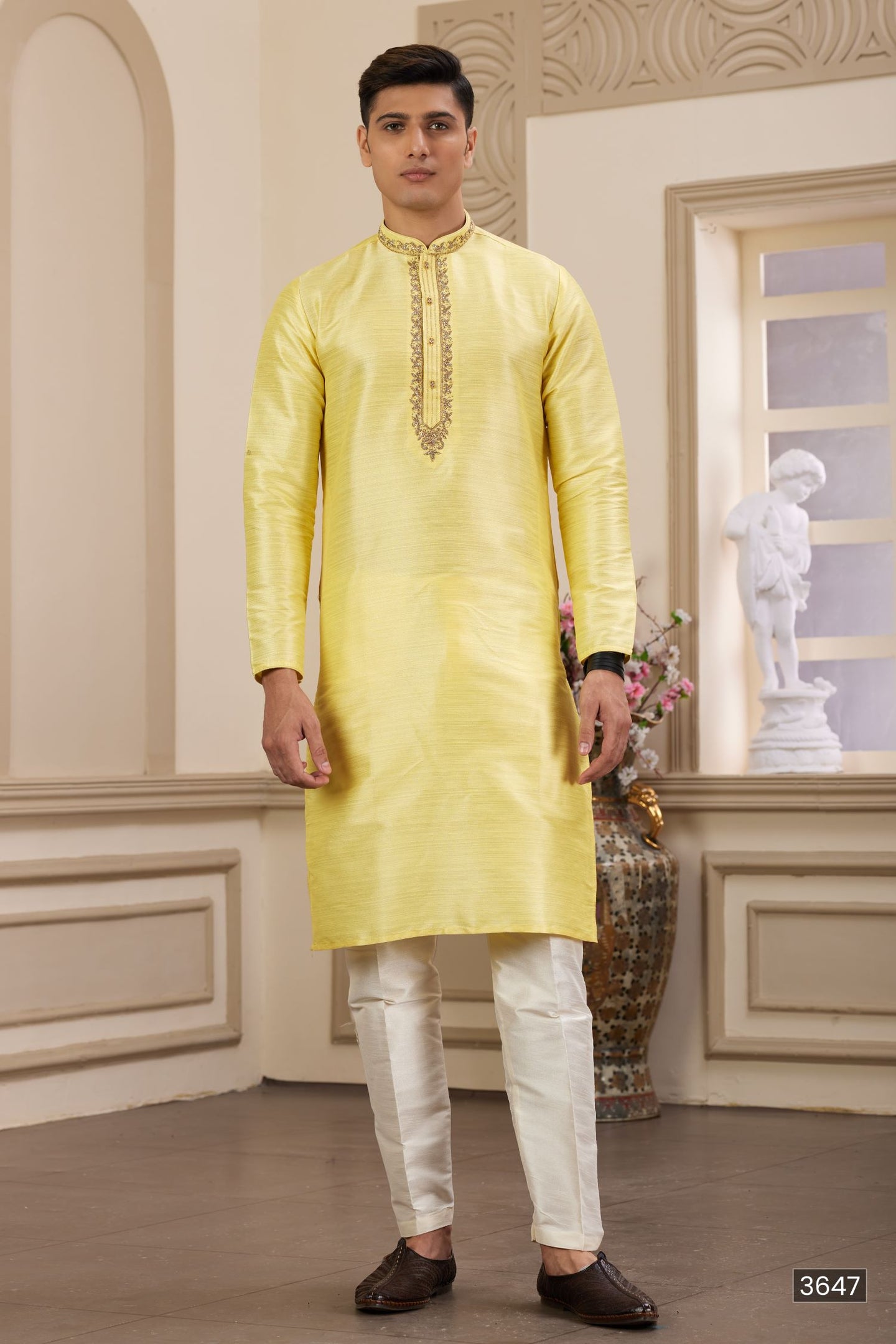 Pastel Yellow Art Silk Mens Kurta Pajama Set with Handwork