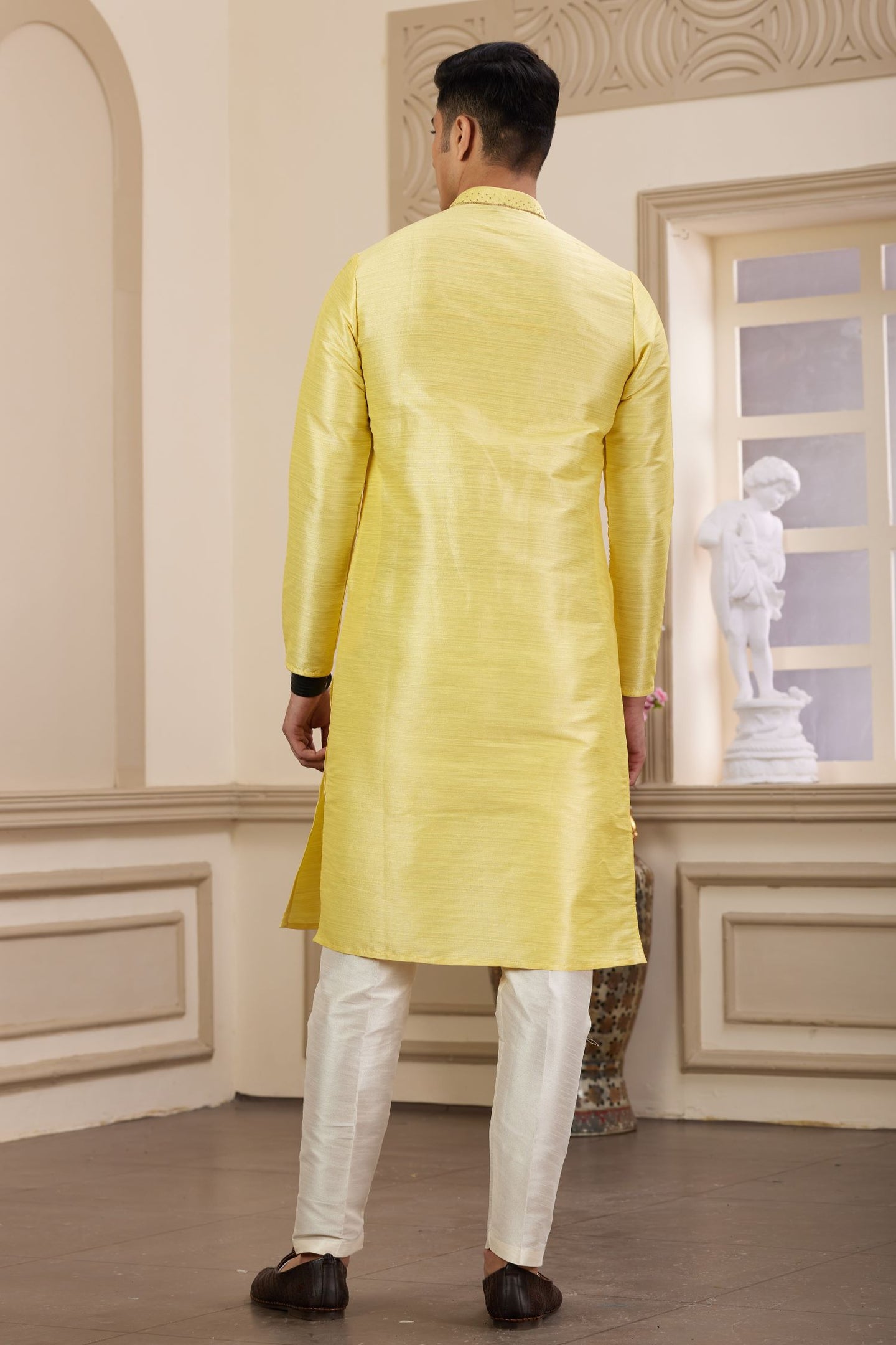 Pastel Yellow Art Silk Mens Kurta Pajama Set with Handwork