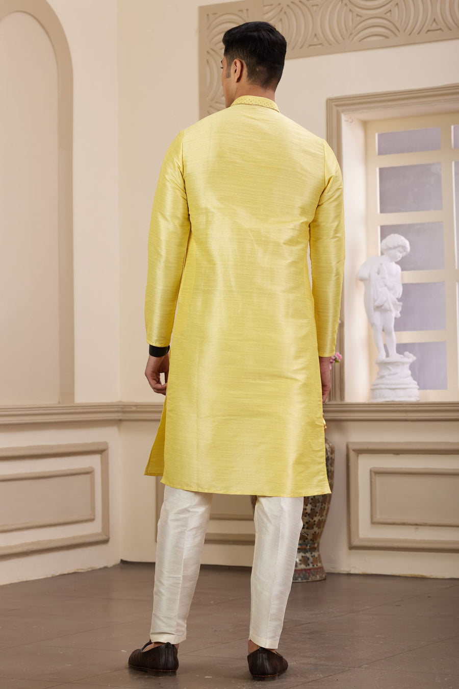 Pastel Yellow Art Silk Mens Kurta Pajama Set with Handwork