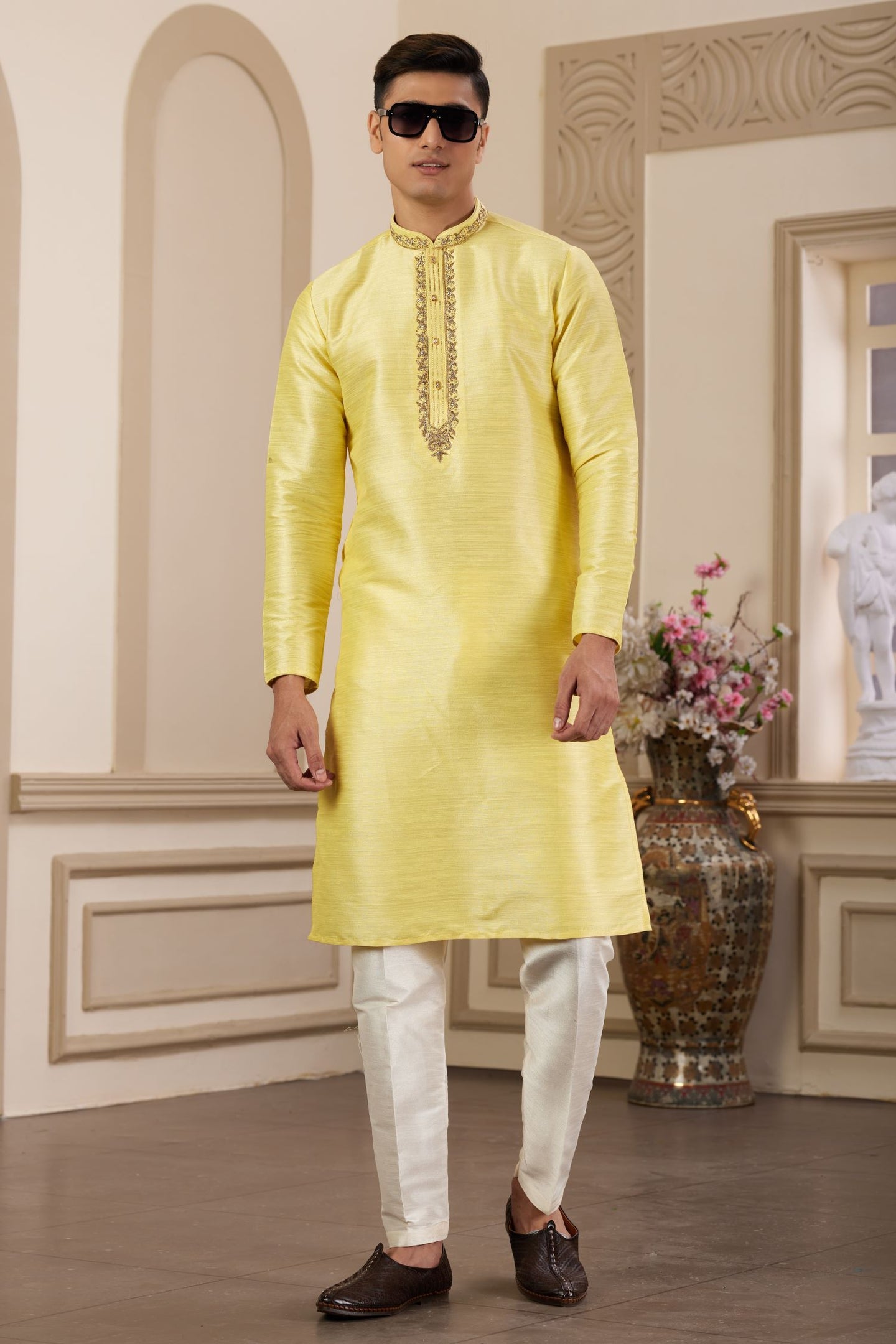 Pastel Yellow Art Silk Mens Kurta Pajama Set with Handwork