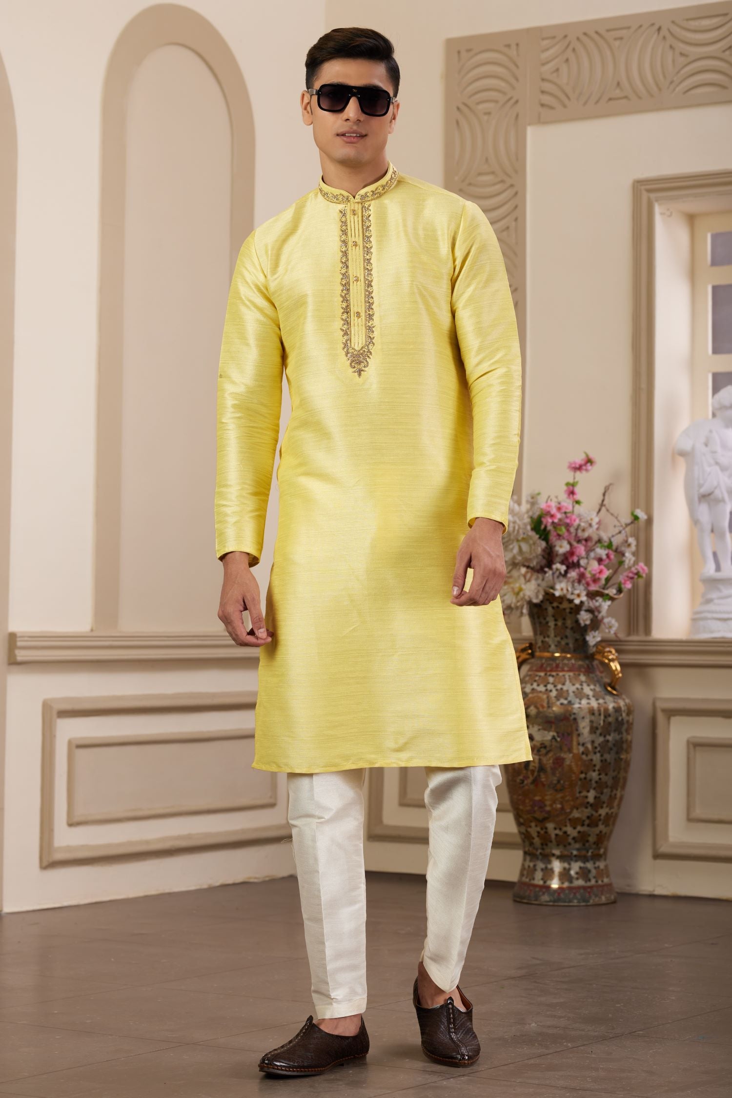 Pastel Yellow Art Silk Mens Kurta Pajama Set with Handwork