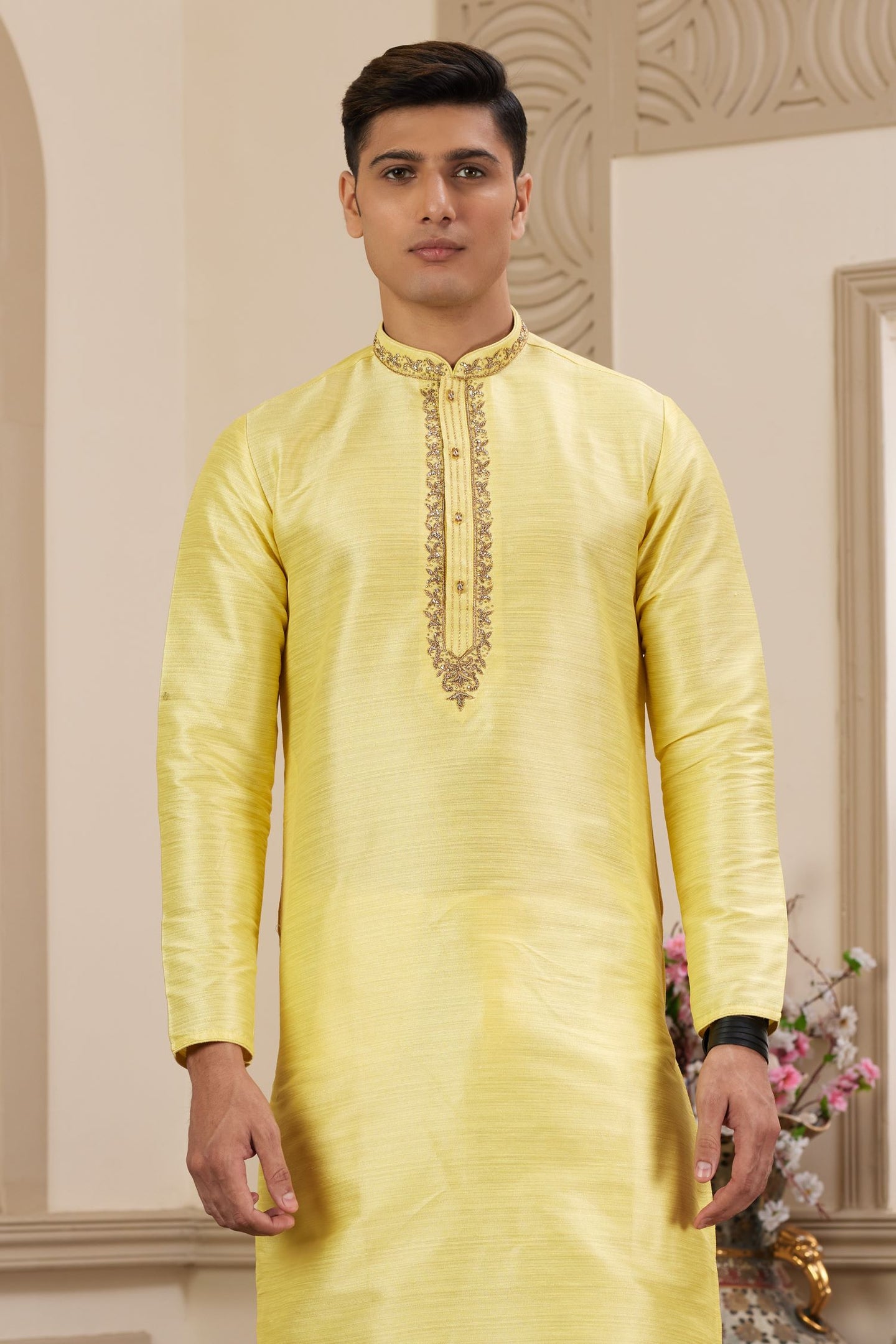 Pastel Yellow Art Silk Mens Kurta Pajama Set with Handwork
