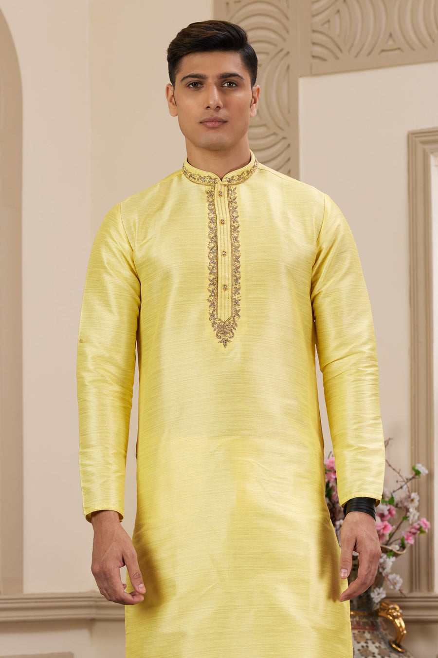 Pastel Yellow Art Silk Mens Kurta Pajama Set with Handwork