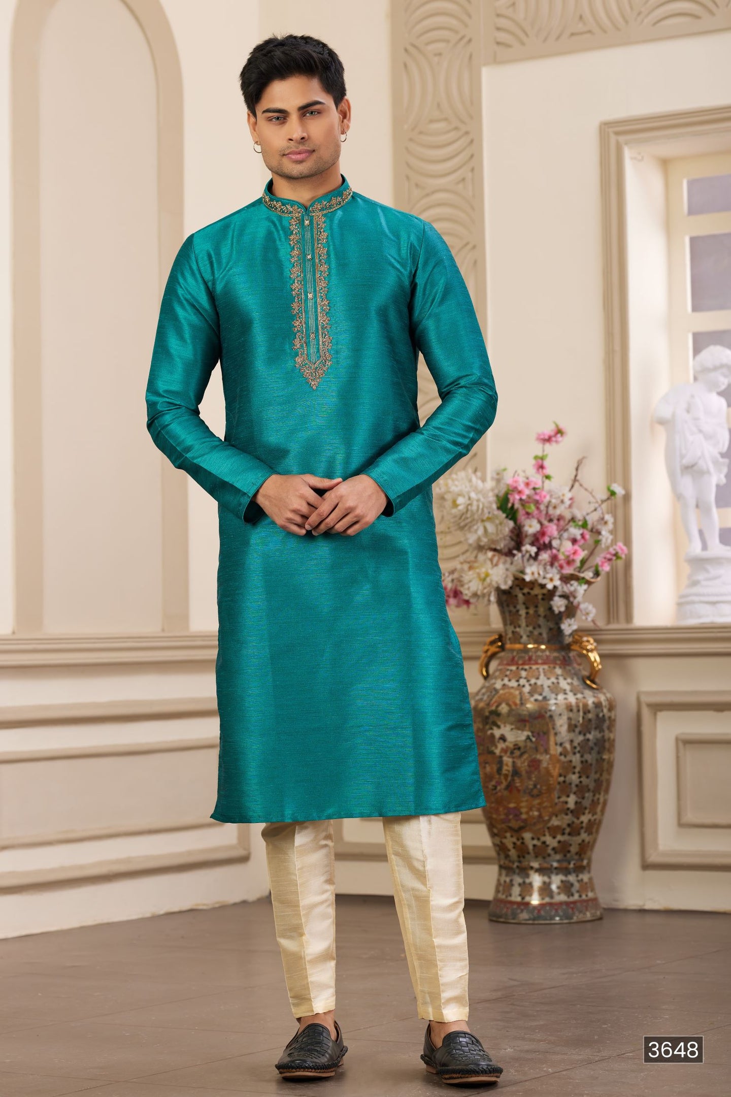 Peacock Blue Art Silk Kurta Pajama Clothes with Handwork