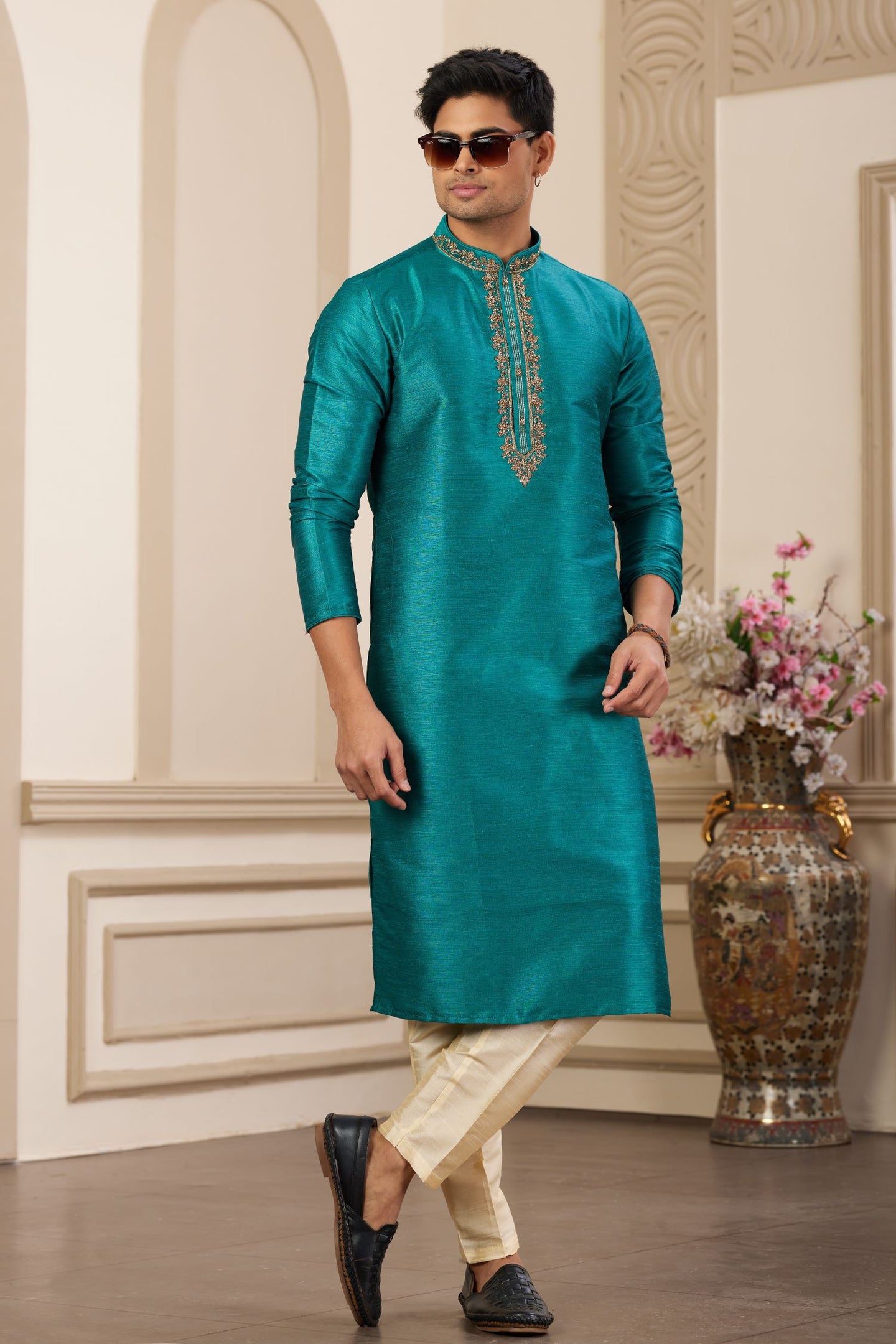 Peacock Blue Art Silk Kurta Pajama Clothes with Handwork