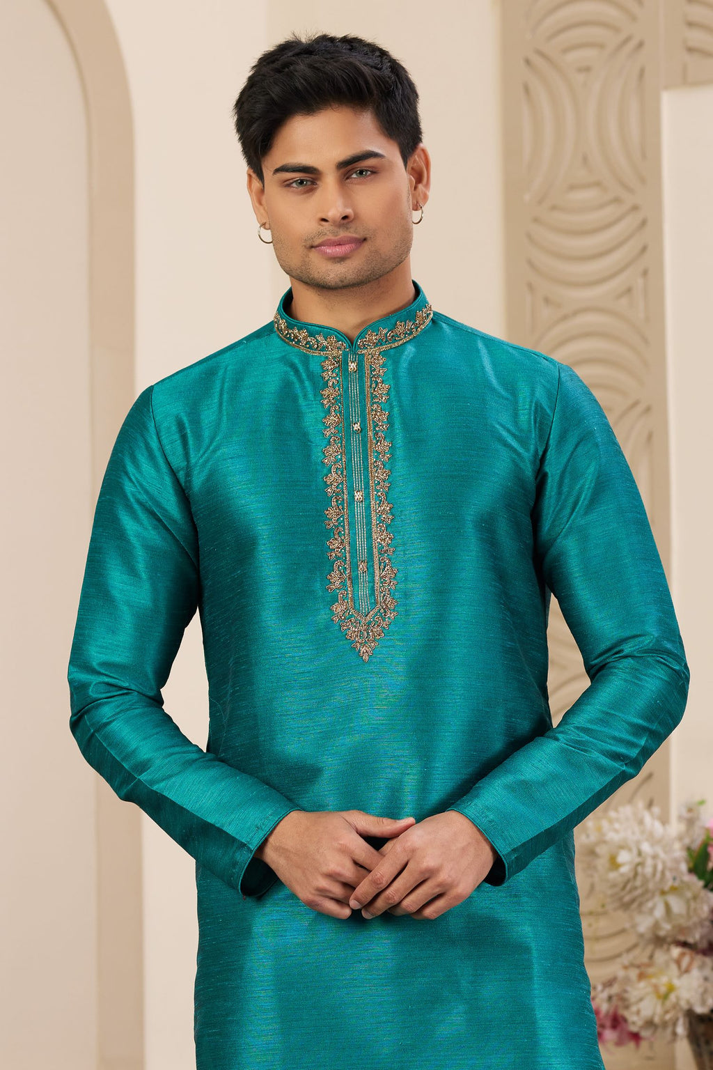 Peacock Blue Art Silk Kurta Pajama Clothes with Handwork