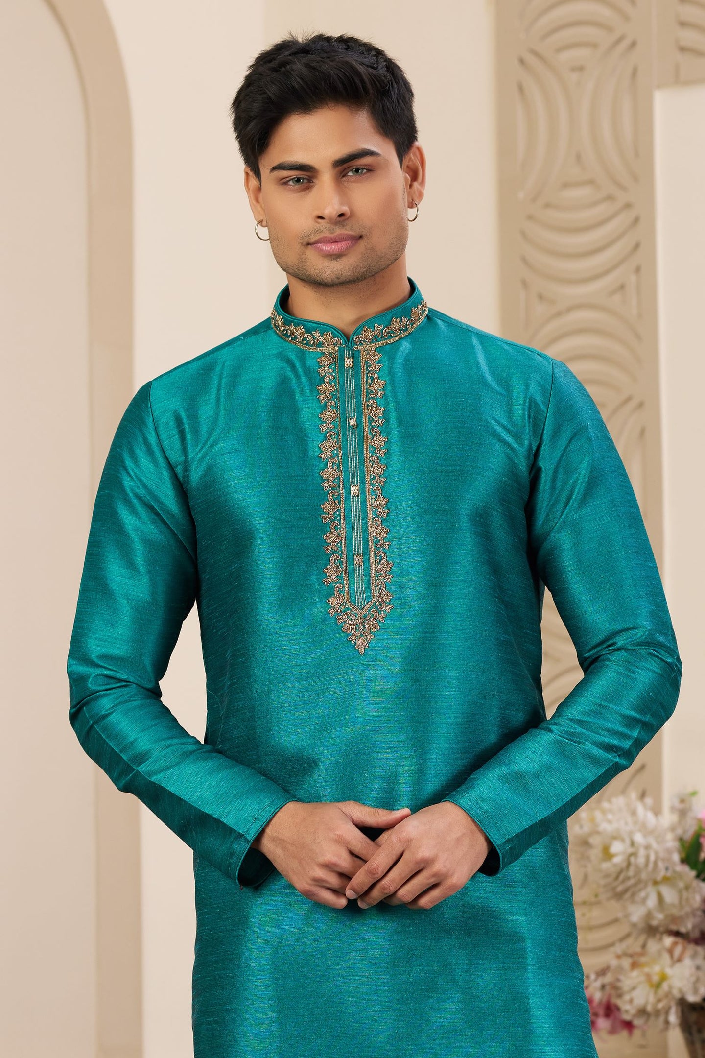 Peacock Blue Art Silk Kurta Pajama Clothes with Handwork