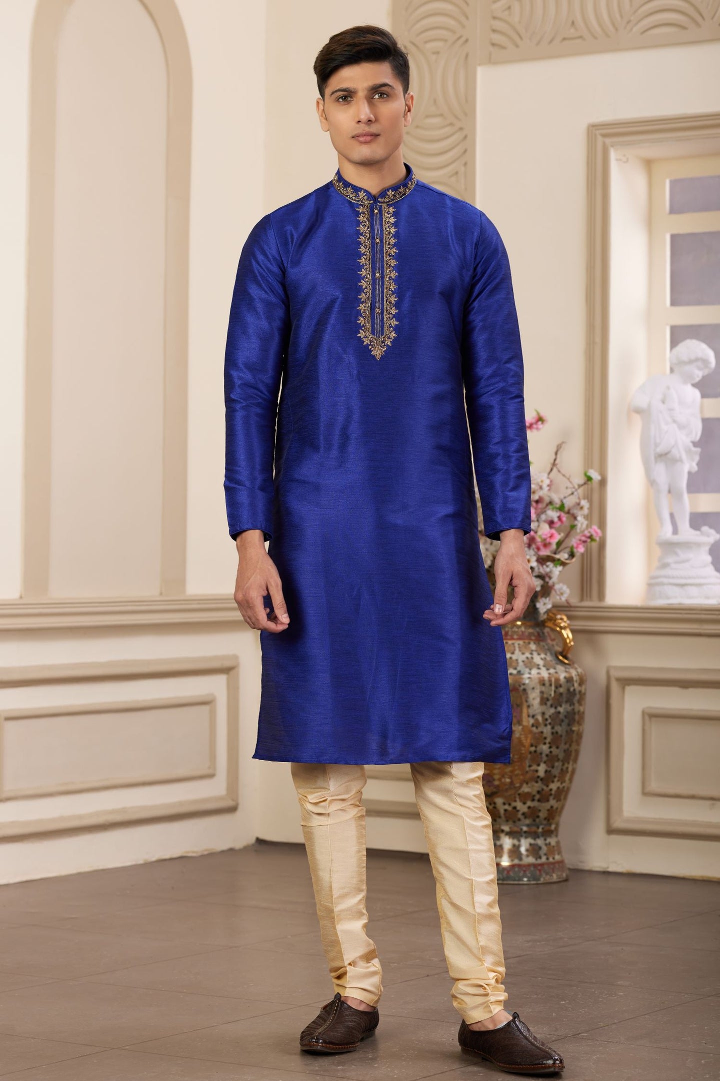 Dark Blue Art Silk Plain Gents Pajama Kurta with Handwork