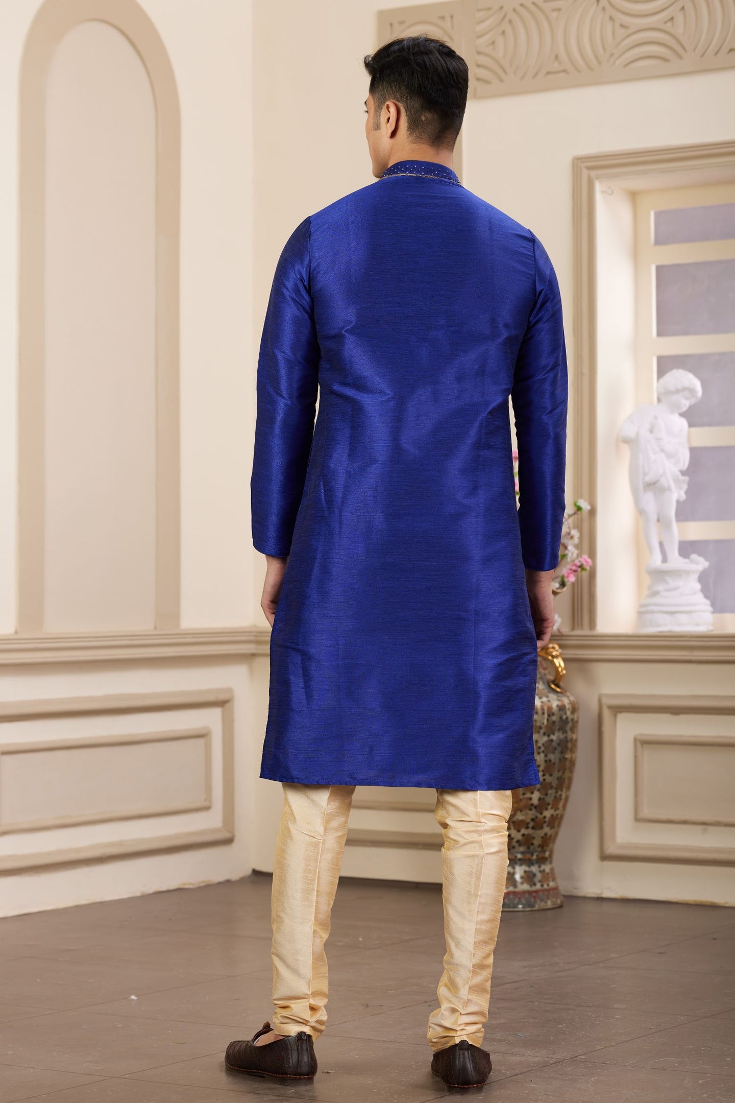 Dark Blue Art Silk Plain Gents Pajama Kurta with Handwork