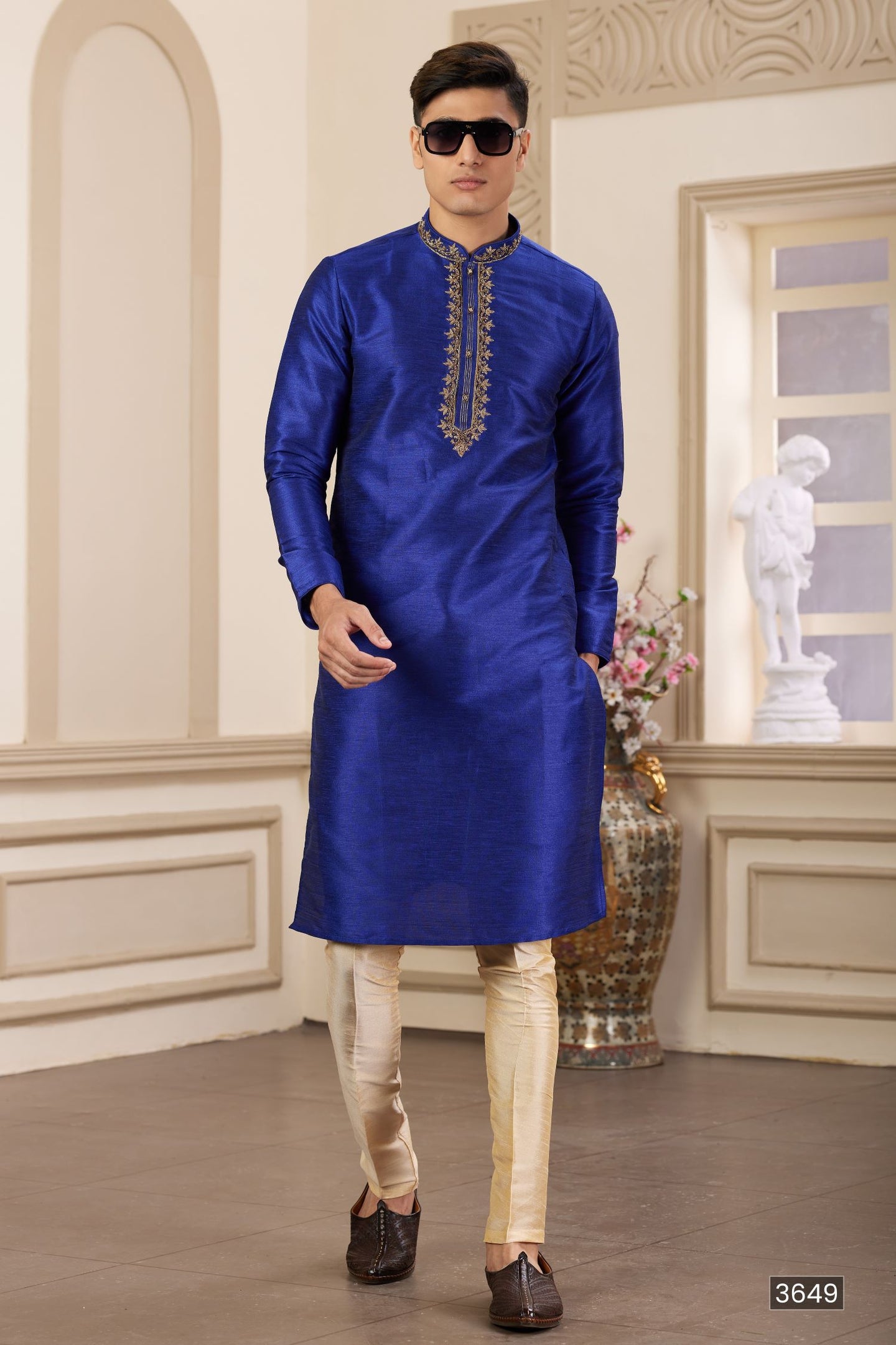 Dark Blue Art Silk Plain Gents Pajama Kurta with Handwork