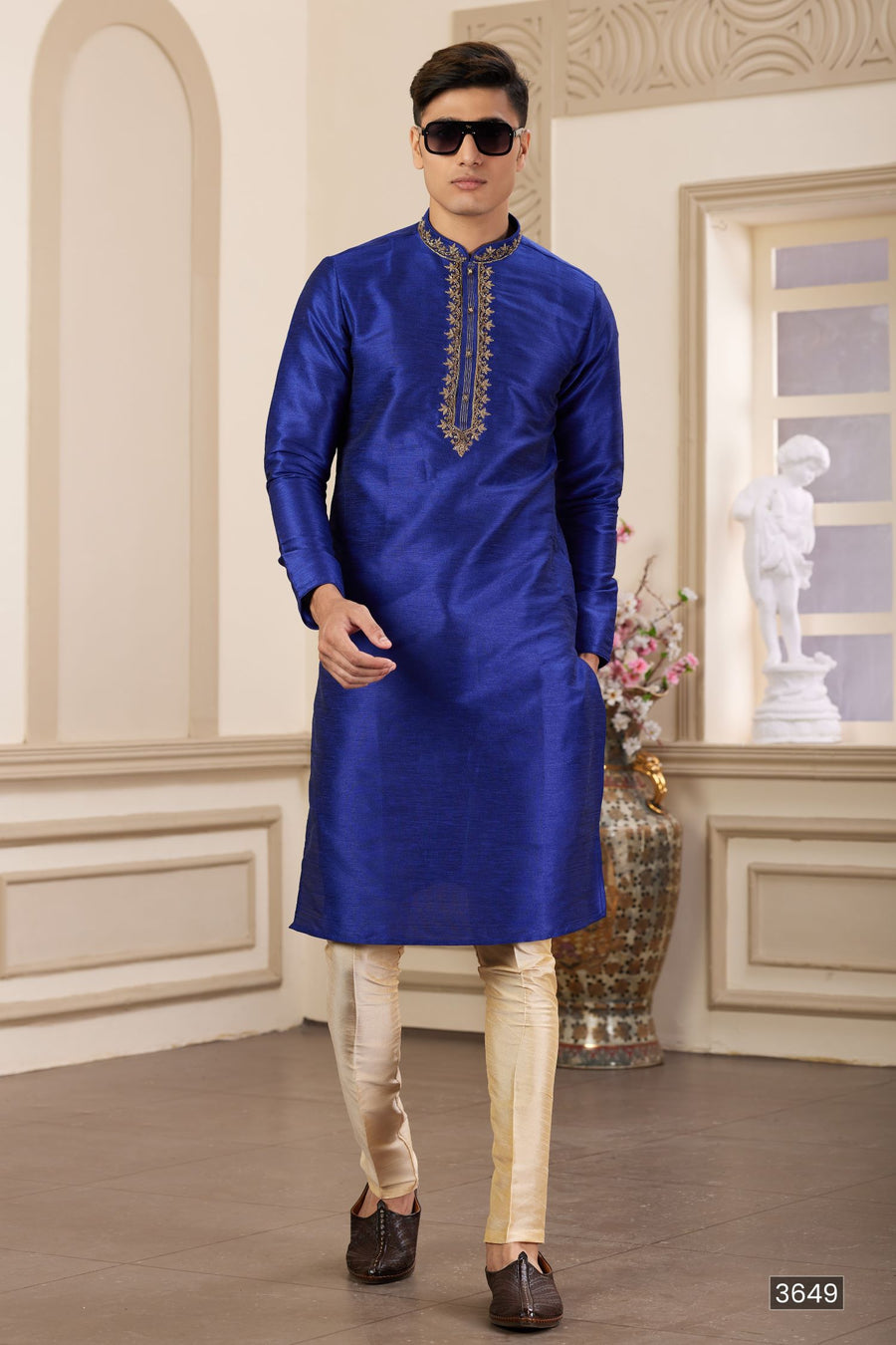 Dark Blue Art Silk Plain Gents Pajama Kurta with Handwork