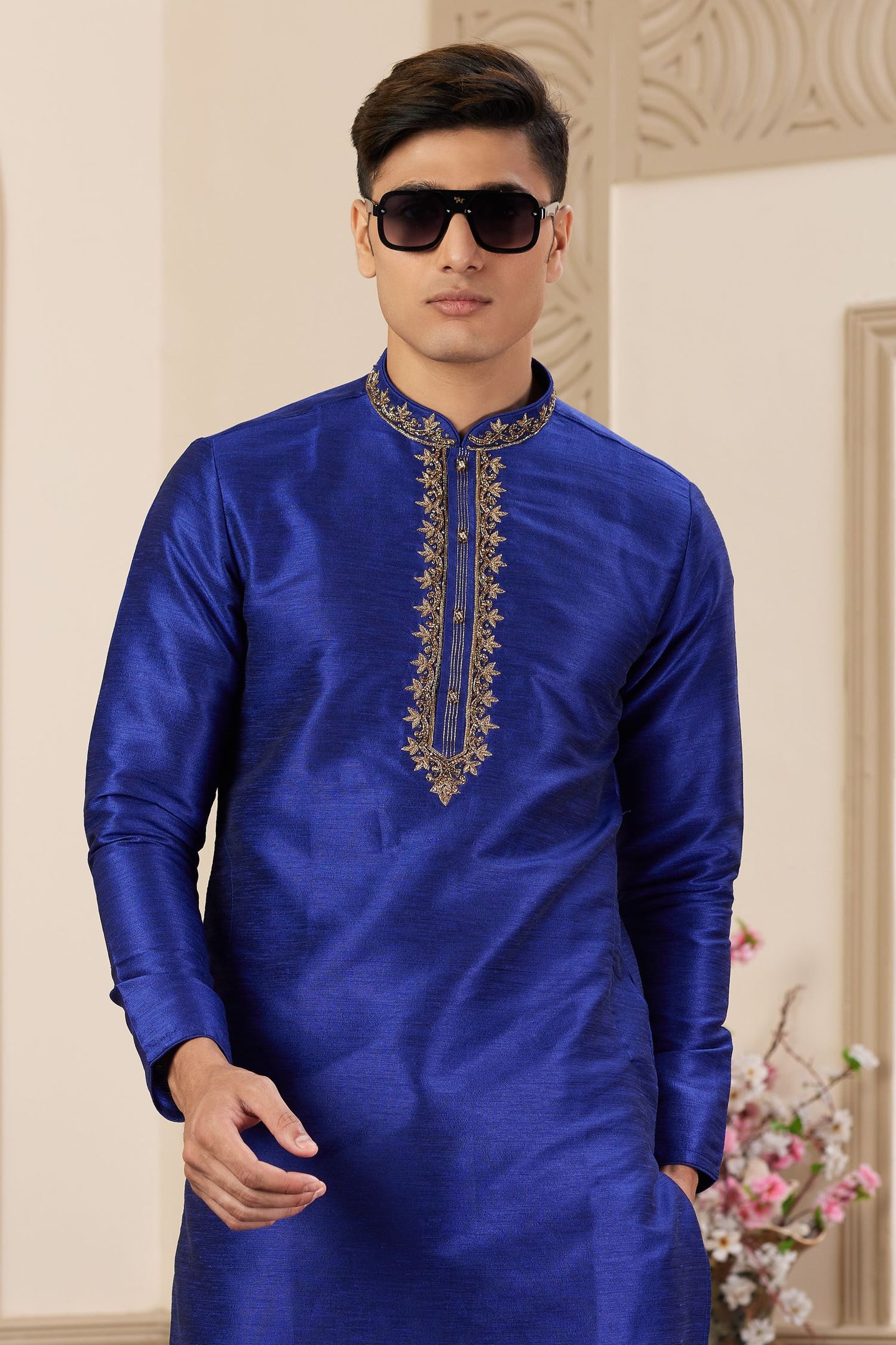 Dark Blue Art Silk Plain Gents Pajama Kurta with Handwork