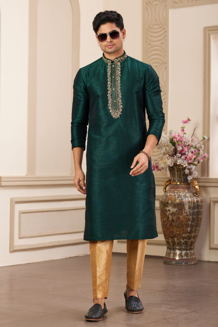 Dark Teal Art Silk Kurta and Pajama for Men with Handwork