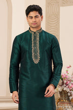 Dark Teal Art Silk Kurta and Pajama for Men with Handwork