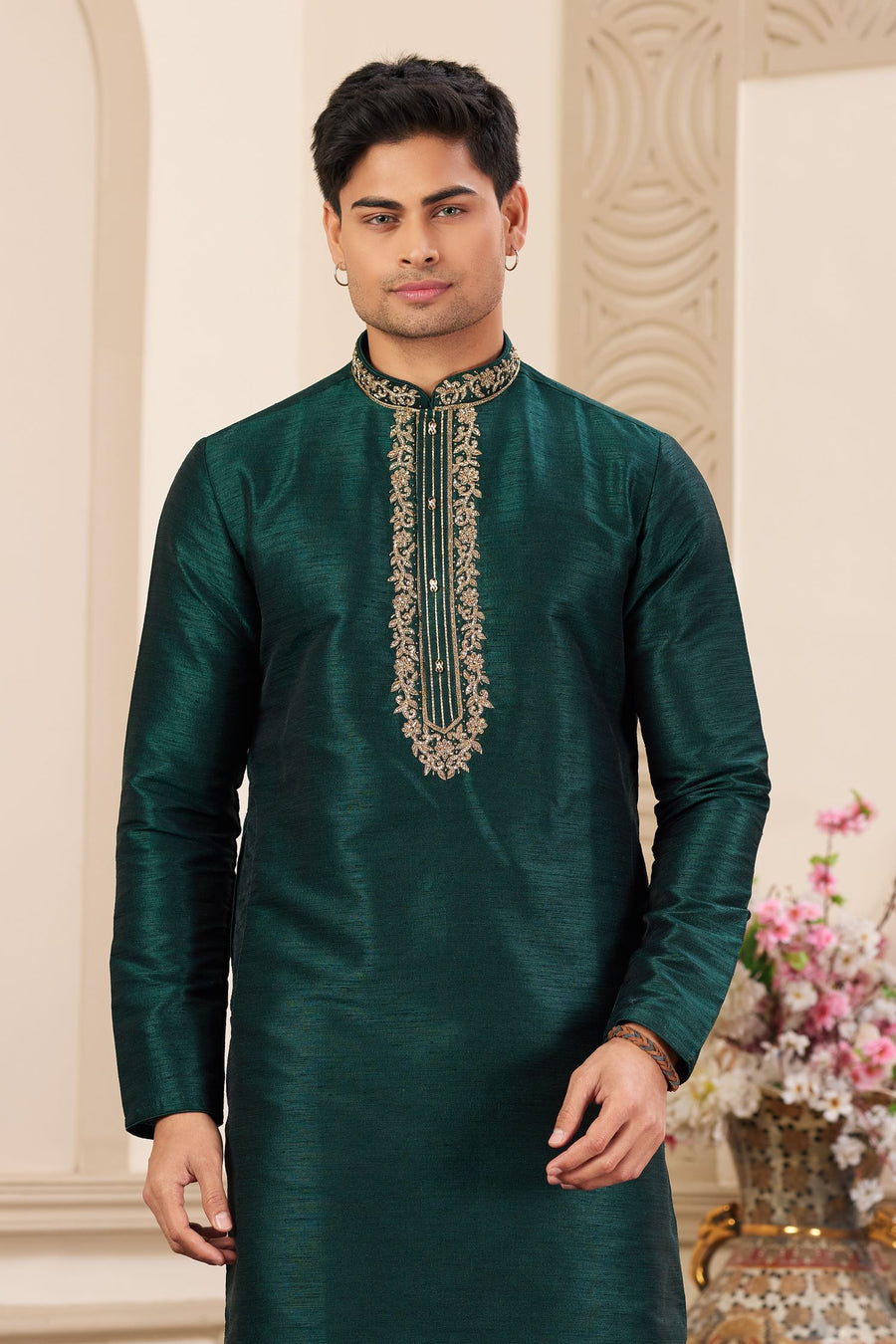 Dark Teal Art Silk Kurta and Pajama for Men with Handwork